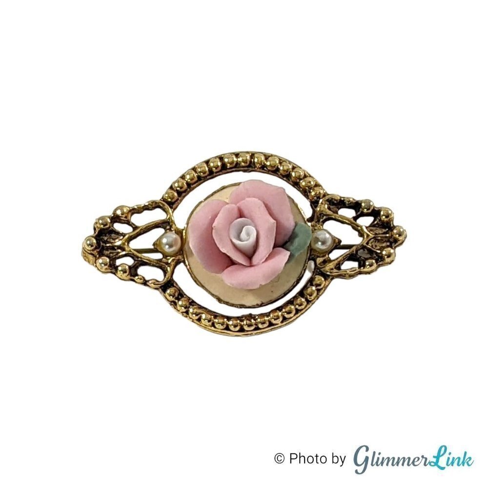 Vintage Porcelain Rose Gold Tone Bar Brooch